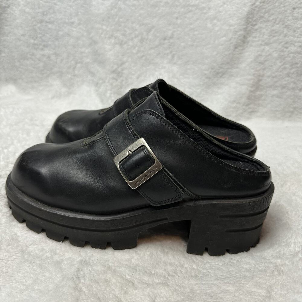 Harley-Davidson Black Leather Chunky Buckle Mules Platform Clogs Size9 Goth Y2K - Picture 7 of 10